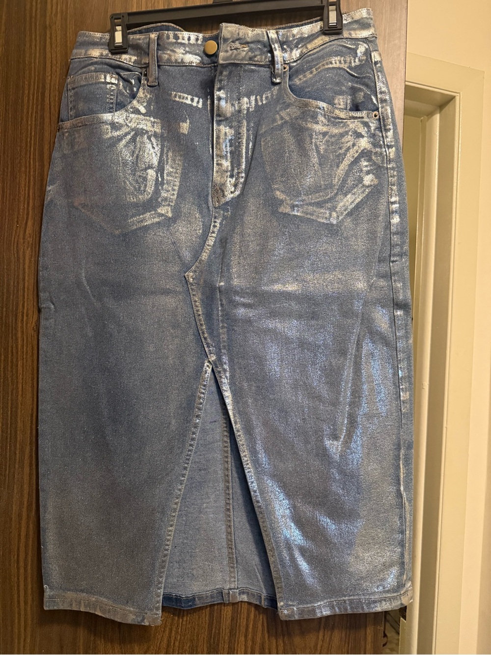 Fashion Nova Metallic Blue Denim Skirt with Front Slit